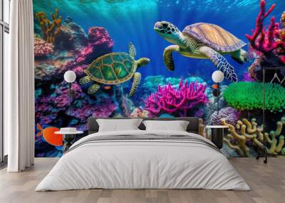 Coral reef with wild sea turtles and fish, tropical ocean underwater life, generative AI Wall mural