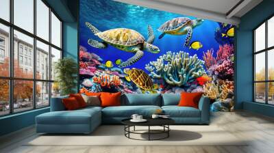 Coral reef with wild sea turtles and fish, tropical ocean underwater life, generative AI Wall mural