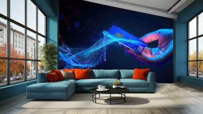 Credit card connected to chip of pos terminal, futuristic view of hand and digital contactless payment. Concept of data, tech, bank, online, pay, technology, Wall mural