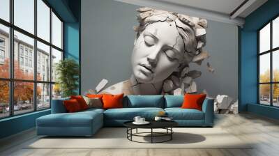 Damaged statue of young woman, head of broken female sculpture, generative AI. Wall mural