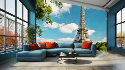 eiffel tower and blue sky, paris, france. view of seine river in summer. Wall mural