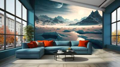 Extraterrestrial landscape, alien planet in deep space in winter, generative AI Wall mural