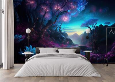 Fantasy forest at night, magic glowing flowers in fairytale woods, mountain landscape of wonderland. Concept of nature, fairy, world. Wall mural