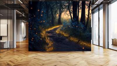 Fantasy forest at night, magic lights and fireflies in fairytale wood, generative AI Wall mural