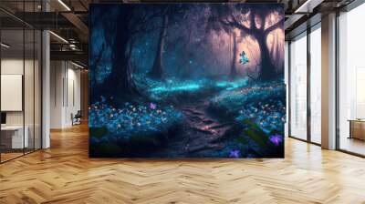 Fantasy forest at night, magic luminous flowers in fairytale wood, generative AI. Wall mural