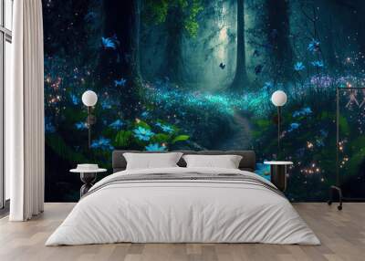 Fantasy forest at night, magic luminous flowers in fairytale wood, generative AI Wall mural