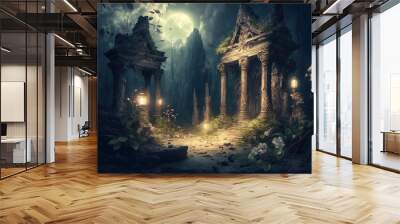 Fantasy temple in tropical forest at night, old building ruins in jungle, generative AI. Wall mural