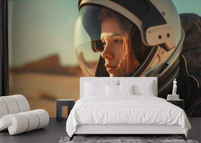 Female astronaut in spacesuit on alien planet like in sci-fi movie, adult girl in futuristic helmet outside spaceship. Concept of space travel, young woman, future Wall mural