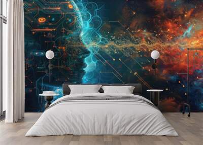 Humanoid AI robot on abstract digital background, cyborg or android like young woman, futuristic artificial intelligence. Concept of technology, fire, art, face, problem, science Wall mural