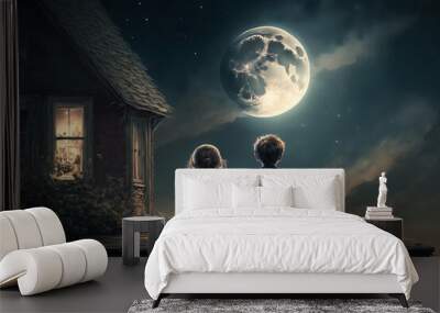 Kids sitting on roof at night, little boy and girl looks at moon in sky, generative AI. Wall mural