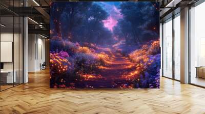 Magical forest with luminous flowers and neon path, glowing plants and lights in wonderland, beautiful dark fairy tale woods. Concept of fantasy, night, nature, mystery, art Wall mural