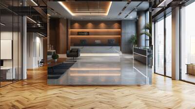 Modern interior of luxury office hall, clean marble floor and plants in lobby of commercial building. Concept of tile, hallway, service, company, wood and stone design Wall mural