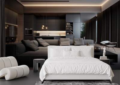 Modern living room interior in apartment, dark gray and brown design Wall mural