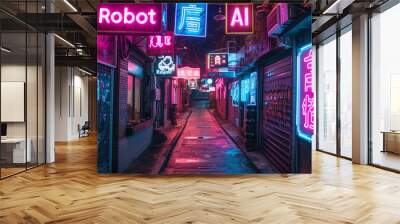 Neon store signs of AI and Robot on wet deserted city street at night, grungy dark alley with purple and blue light. Concept of dystopia, cyberpunk, shop, technology and future Wall mural