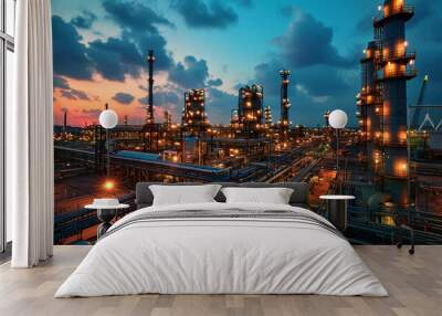 Oil and gas refinery plant or petrochemical industry, aerial view of factory after sunset. Scene of chemical petroleum industrial buildings and sky. Concept of power, steel, facility Wall mural