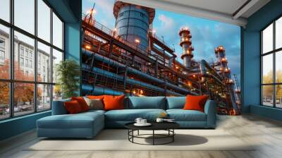 Oil and gas refinery plant or petrochemical industry, factory pipes after sunset. Scene of chemical petroleum industrial buildings, lights and sky. Concept of power, steel, energy Wall mural