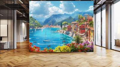 Old seaside city in Italy, beautiful panoramic view of sea, flowers, sky and mountains. Concept of beach, resort, summer and travel. Wall mural