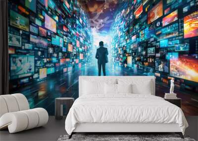 Person on social network background, abstract digital pattern of media news screens. Concept of connect, global world, people, online and technology Wall mural