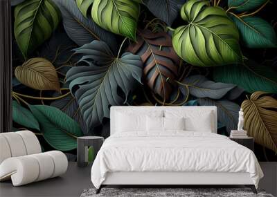 Plant leaves background, floral tropical pattern for wallpaper, generative AI. Wall mural