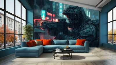 Police swat officer points gun in cyberpunk city in rain, soldier in black uniform and futuristic mask holds weapon. Concept of future, cyber, military equipment, Wall mural