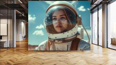 Portrait of female astronaut in spacesuit on alien planet like in sci-fi movie, adult girl in futuristic helmet outside spaceship. Concept of space, young woman, people, future Wall mural