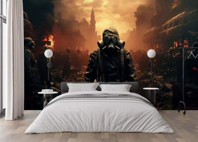 Post apocalypse in city, apocalyptic scene with people in gas mask Wall mural