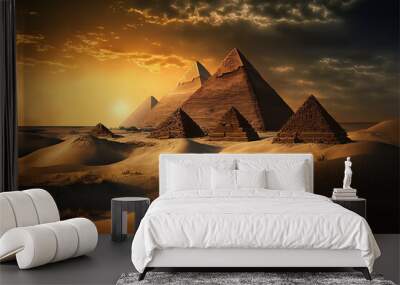 Pyramids at sunset in Egypt. Fantasy Egyptian landscape, fiction view. Scenery of desert, sand and ancient monuments. Wall mural