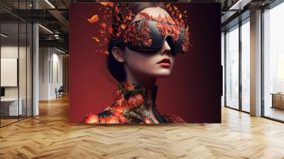 Sexy girl wearing VR glasses, futuristic fashion style, generative AI. Wall mural