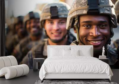 Smiling soldiers in ranks, faces of happy men in modern uniform. Portrait of group of military male close-up. Concept of war, US army, young people, team, camouflage Wall mural