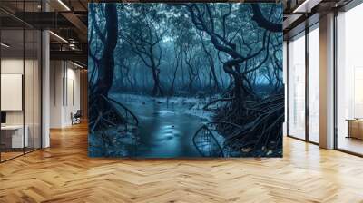 Spooky dark tropical forest, scary woods with strange mangrove trees, panoramic view of gloomy fairy tale jungle. Concept of fantasy, surreal nature, horror, movie Wall mural