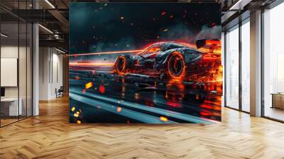 Sports car driving fast with fire on dark background, burning vehicle runs on race track. Flame, smoke, wreckage and sparks on road. Concept of crash, speed, accident, wreck Wall mural