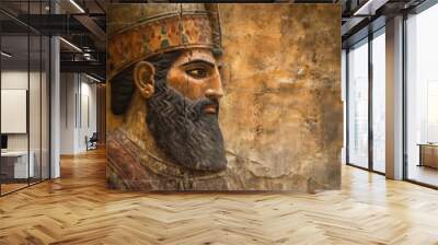 Sumerian or Babylonian art background, bearded king painted on damaged plaster. Cracked fresco of Ancient civilization in Middle East. Theme of history of Iraq, Mesopotamia, Babylon. Wall mural