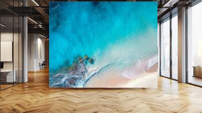 Tropical beach with white sand and sea blue water, aerial top view, generative AI. Wall mural