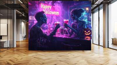 Two living dead in dark neon bar on Halloween, man and woman zombies drink cocktails in cafe. Concept of horror, love, fantasy, party, skeleton, apocalypses, Wall mural