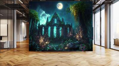 Vintage temple in forest at night, old overgrown ruins in jungle, generative AI Wall mural