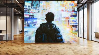 Young man silhouette on abstract digital background, adult boy against social media pattern. Concept of network, connect, global world, people, online, news Wall mural