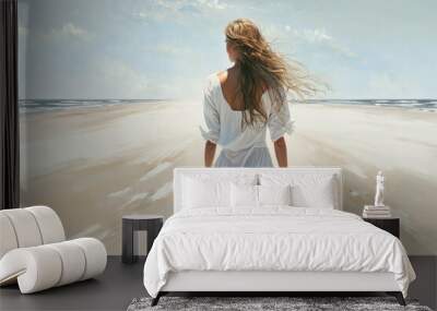 Young woman walks on beach alone, girl wearing white dress by sea, generative AI. Wall mural