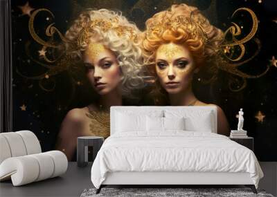 Zodiac sign of Gemini as women, fantasy golden female image, generative AI Wall mural