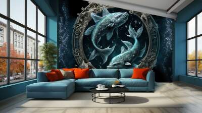 Zodiac sign of Pisces, fantasy fish in astrological wheel, generative AI Wall mural