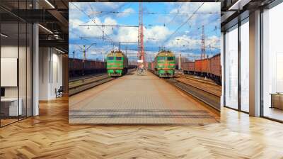 Freight trains passing station Wall mural