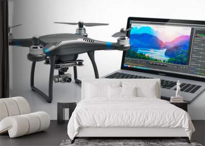 quadcopter drone and laptop with video software Wall mural