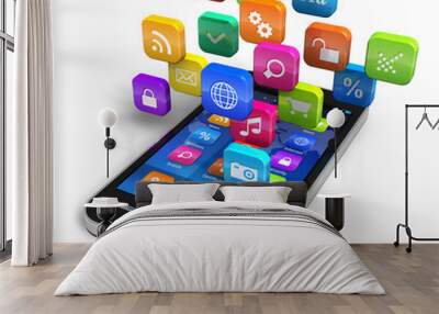 smartphone with cloud of application icons Wall mural