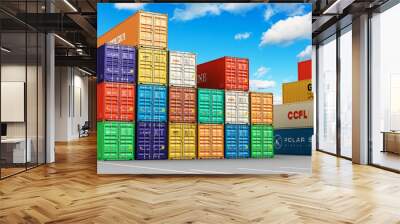 Stacked cargo containers in freight sea port terminal Wall mural