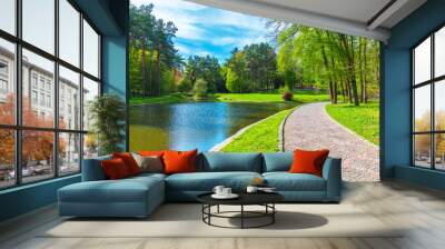 Summer scenery of the park alley with lake Wall mural