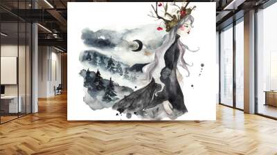 forest nymph and forest landscape. mountains, trees, fog and the moon. winter magical landscape. wat Wall mural