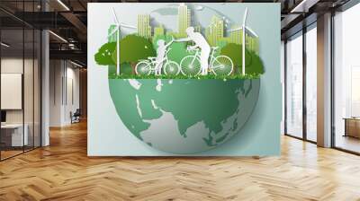 Paper folding art origami style vector illustration. Green renewable energy ecology technology power saving environmentally friendly concepts, father son join hands cycling in parks near city on globe Wall mural