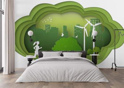 Paper folding art origami style vector illustration. Renewable energy ecology technology power saving environmentally friendly concepts. Dimension of thinking woman, dog running into green city parks. Wall mural