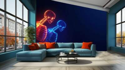 3D illustration of two neon skeletons, one red and one blue, against a dark background symbolizing duality and contrast. Wall mural