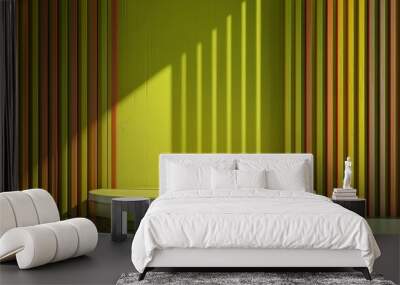 A circular podium sits in front of a green wall and brown striped background, bathed in warm sunlight.  The scene is minimalist and modern. Wall mural