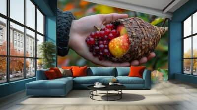 A hand holding a unique pinecone filled with fresh grapes and apples, showcasing nature's bounty and autumn harvest. Wall mural